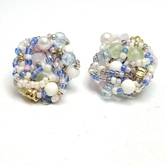 Vintage Purple Blue Beaded Cluster Clip On Earring, Retro 50s 60s Style, Estate - Picture 5 of 5